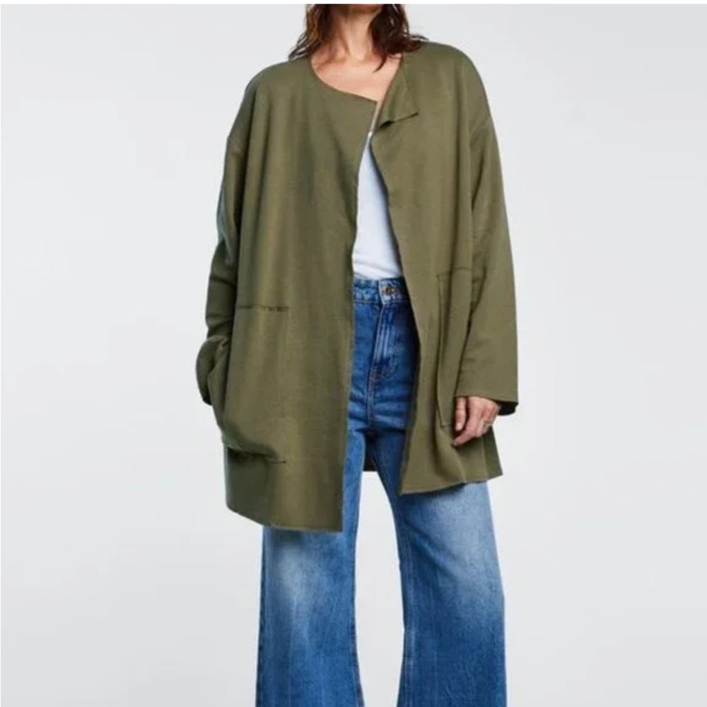 Zara Basics Open Front Raw Hem Cardigan. Olive Green. Size Medium.